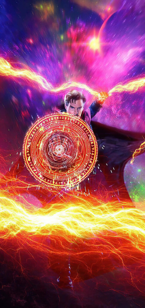 Doctor Strange conjures glowing magical shield with swirling orange energy on cosmic purple background Wallpaper