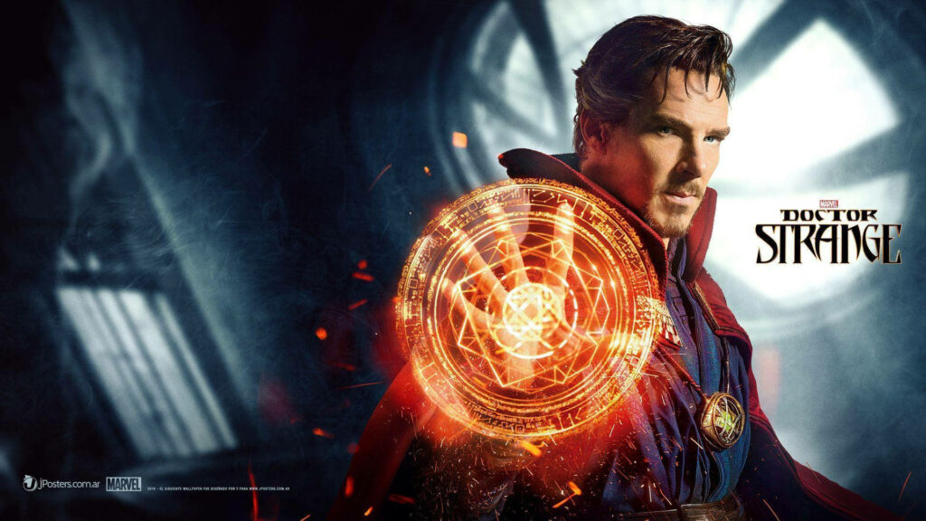 Doctor Strange in red cloak casting glowing magical spell with mystical patterns background wallpaper
