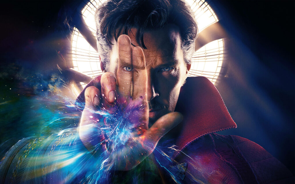 Doctor Strange casting mystic spells vibrant 4K wallpaper with cosmic blue purple energy and cloak