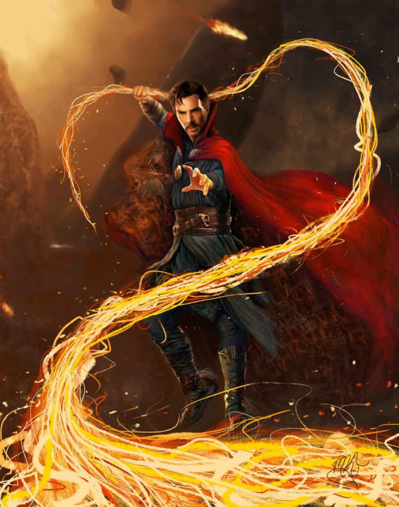 Doctor Strange using glowing orange mystical whip powers with fiery energy ribbons background Wallpaper
