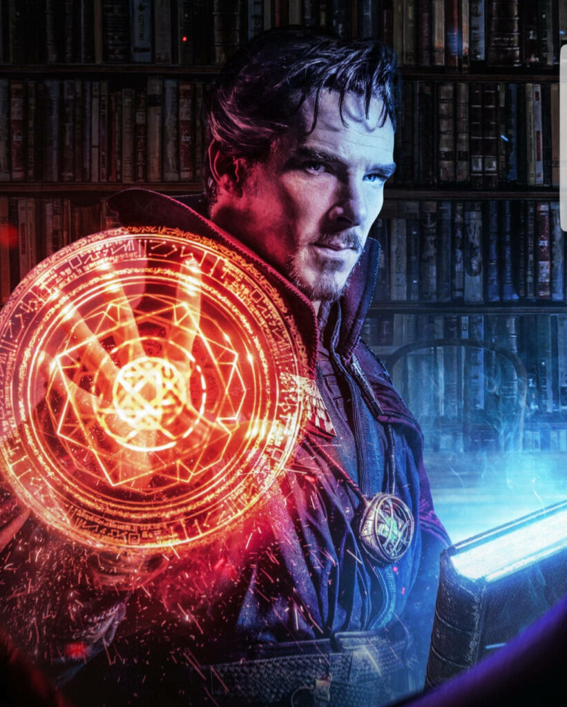 Doctor Strange in mystical library with glowing magical shield and vibrant orange arcane symbols wallpaper