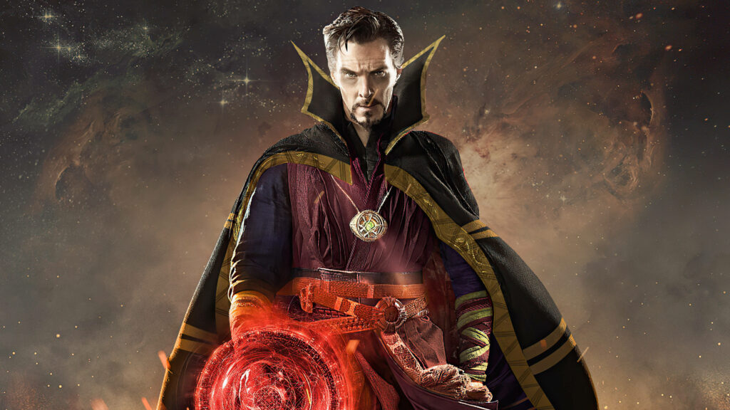 Doctor Strange in iconic cloak casting red magical energy with cosmic smoky background wallpaper
