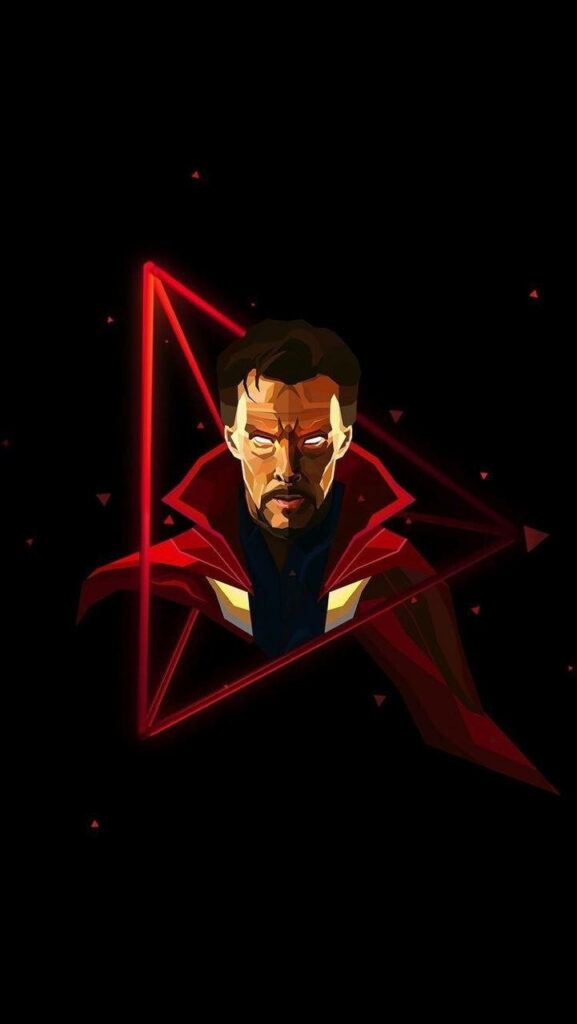 Doctor Strange neon light wallpaper with glowing red triangles vibrant geometric portrait on black