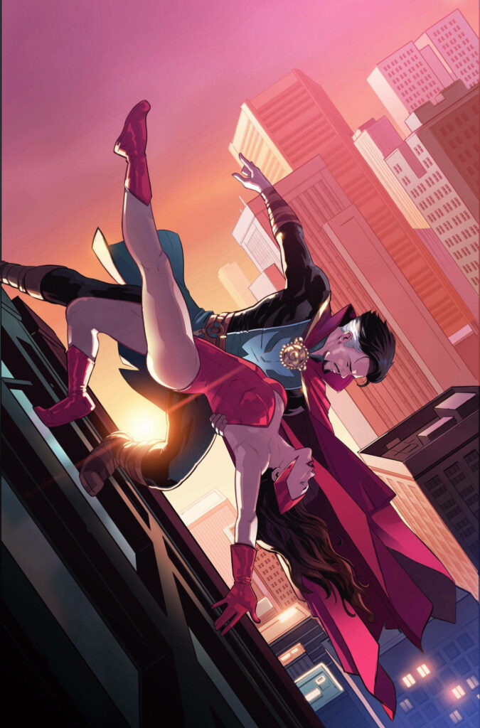 Doctor Strange rescues Scarlet Witch from fall in vibrant sunset cityscape Marvel wallpaper background