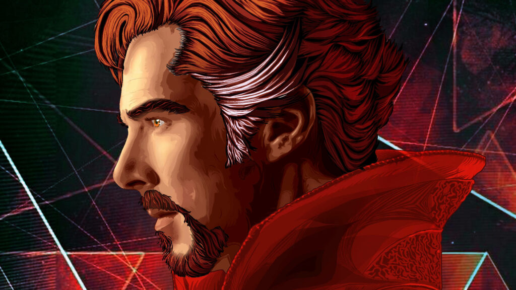 Doctor Strange vector art wallpaper with intense gaze red cloak bold lines vivid red orange tones