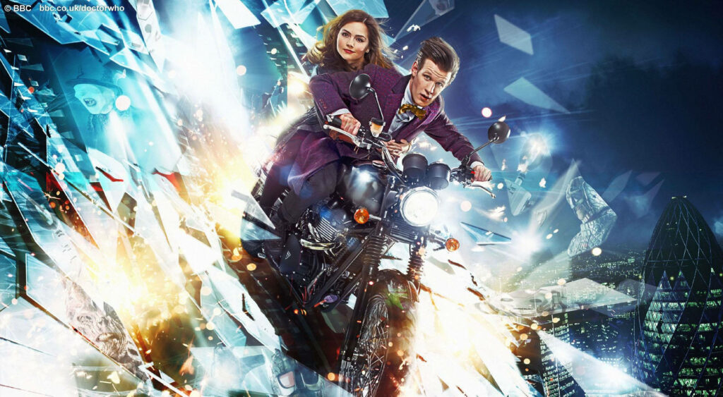 Doctor Who Wallpaper: Doctor & Clara on Motorcycle in Dramatic Scene