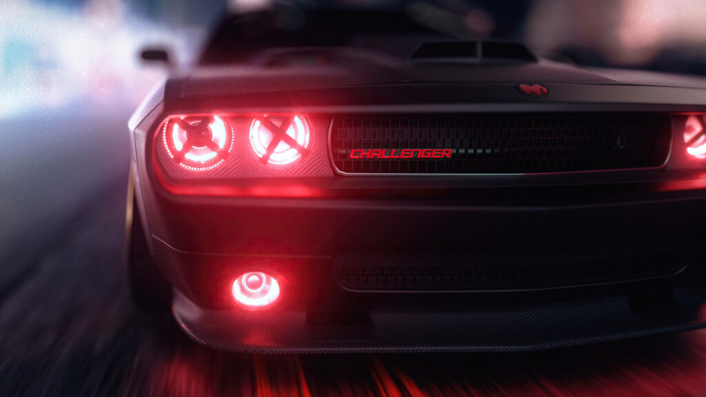 Close-up of Dodge Challenger Demon front bumper with red headlights and neon lighting in 4K Wallpaper