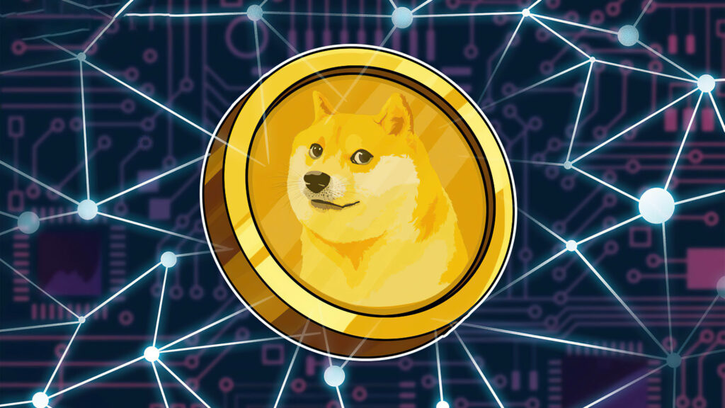 Vibrant Dogecoin golden coin with Shiba Inu on glowing blockchain circuitry background wallpaper