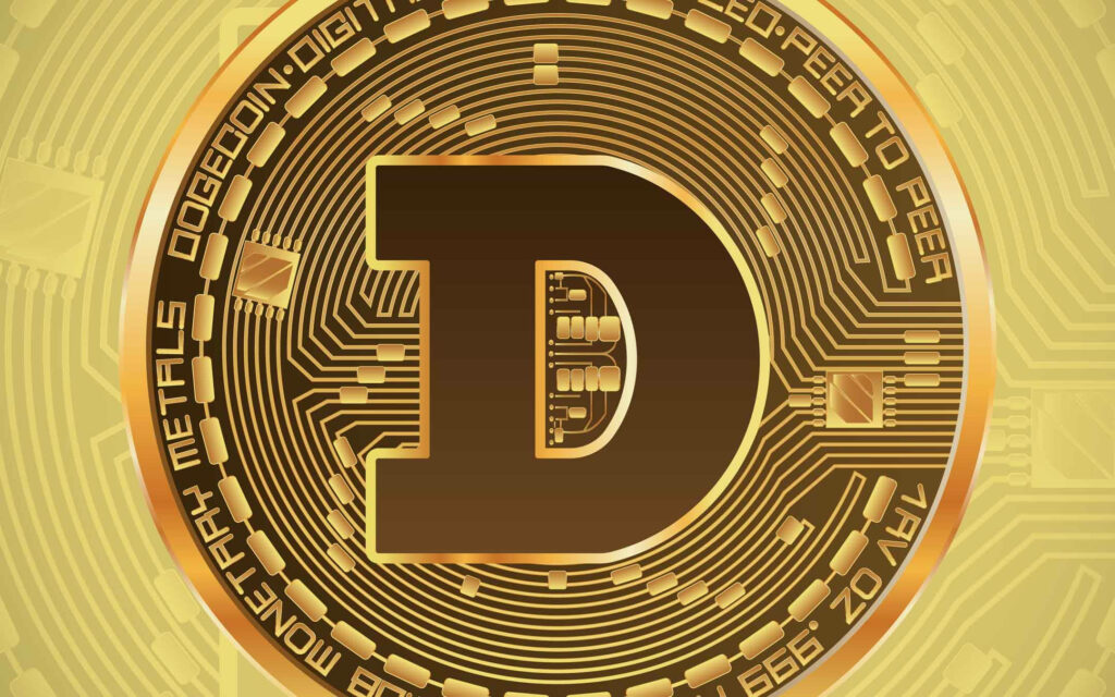 Dogecoin logo on gold circuit board wallpaper futuristic crypto design digital currency background