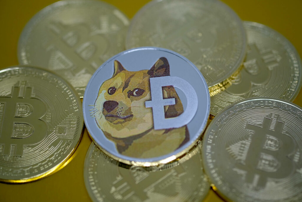 Dogecoin Shiba Inu coin with stacked golden Bitcoin tokens vibrant crypto wallpaper background