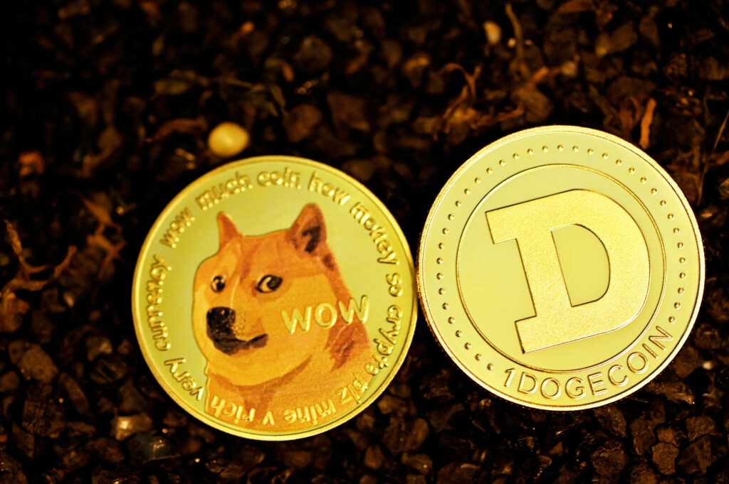 Dogecoin wallpaper with Shiba Inu meme and D coin on cosmic background symbolizing crypto growth
