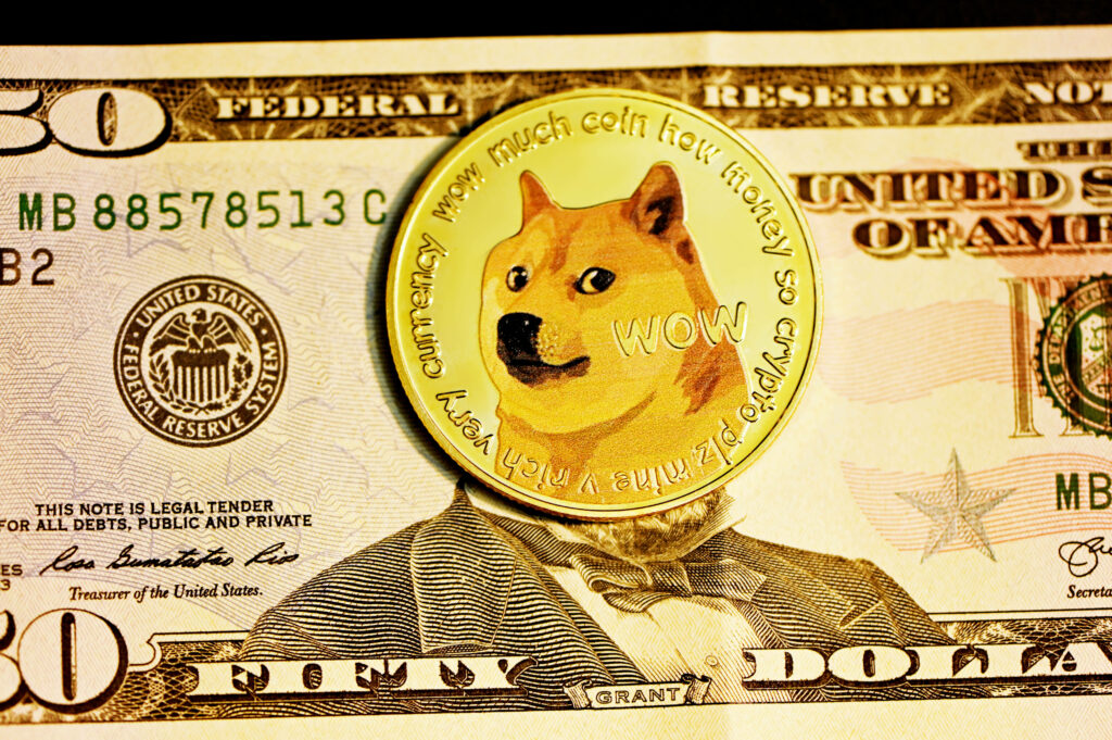 Dogecoin Shiba Inu coin over US dollar note vibrant wallpaper digital currency finance background