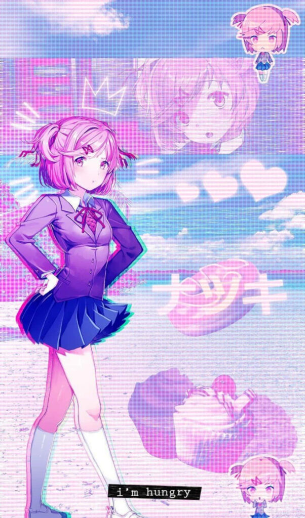 Vibrant Natsuki DDLC Wallpaper: Pink & Purple Aesthetic Design