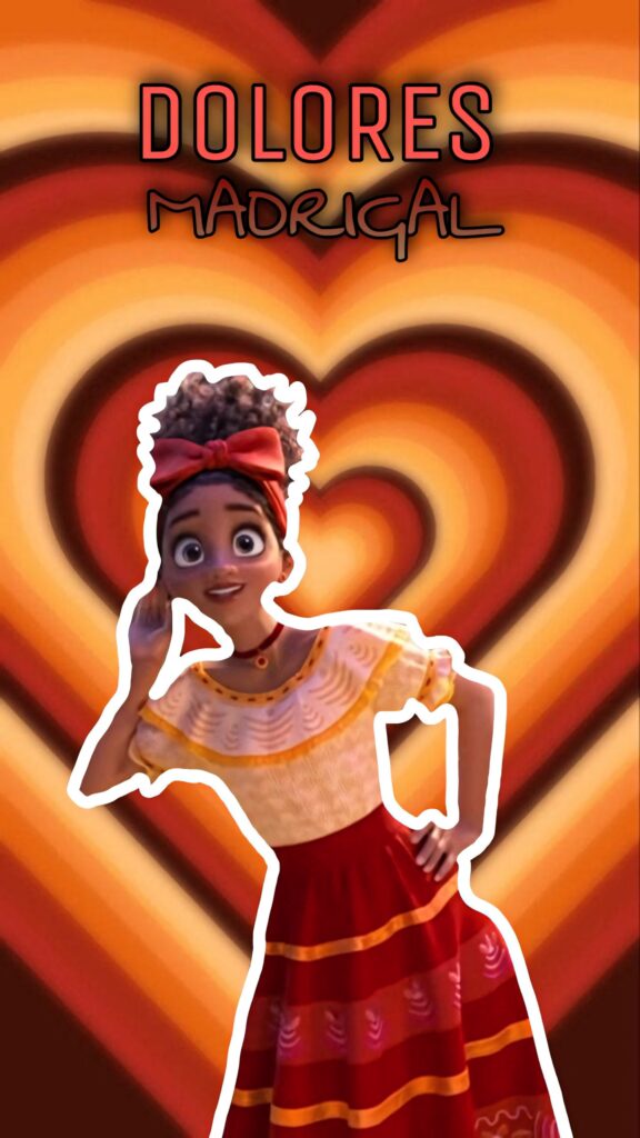 Dolores Madrigal wallpaper vibrant warm tones retro heart pattern red headband animated design