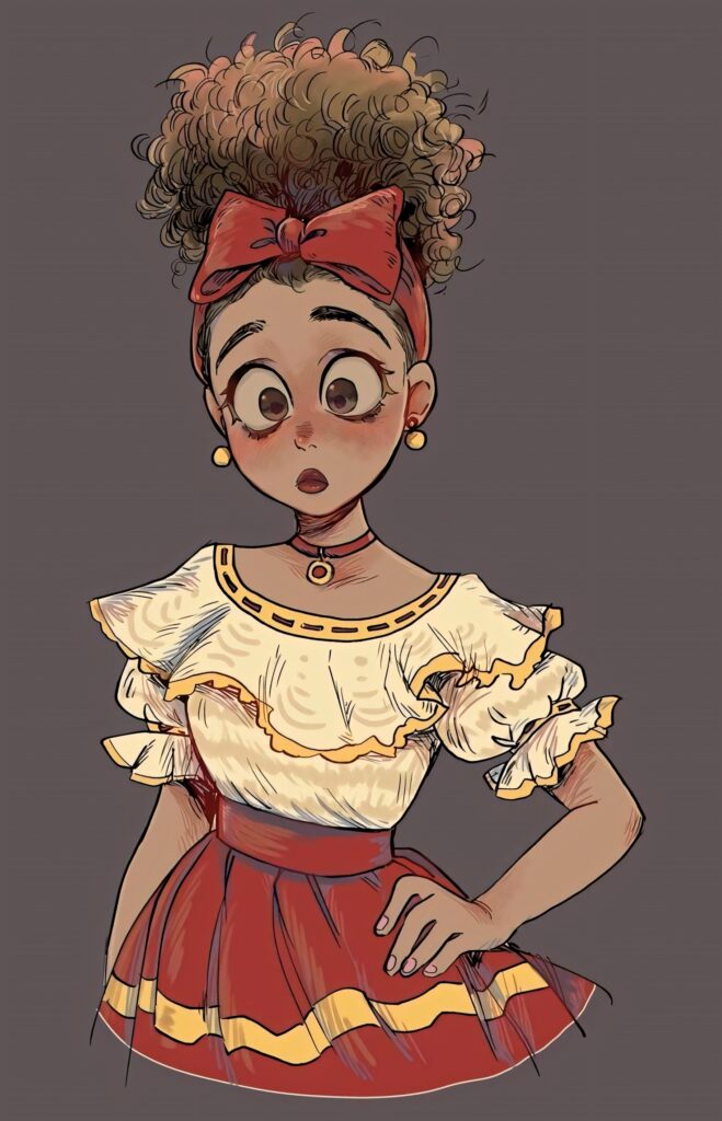 Dolores Madrigal digital art wallpaper vibrant animated style playful surprised pose