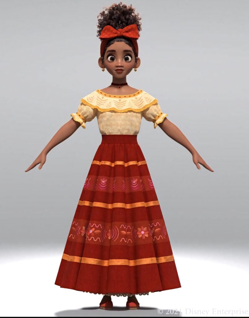 Dolores Madrigal doll from Encanto in vibrant red skirt yellow blouse detailed animated wallpaper
