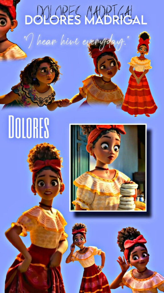 Dolores Madrigal Encanto wallpaper collage with vibrant poses in yellow and red outfit on blue