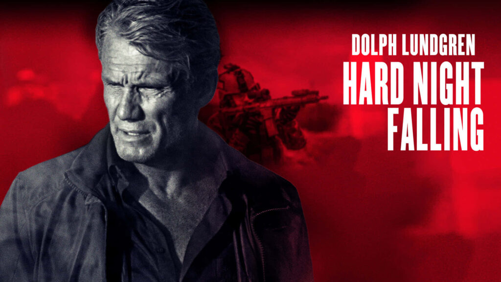 Dolph Lundgren in Hard Night Falling monochrome wallpaper with red background and shadowy soldiers