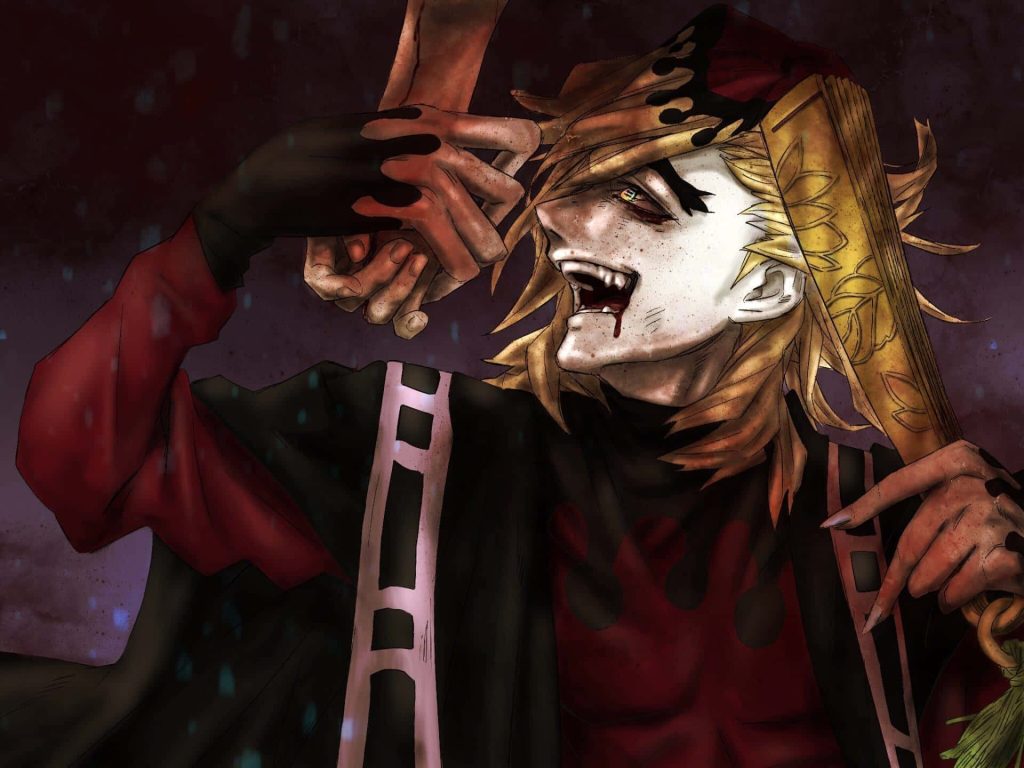 Doma Demon Slayer anime illustration laughing with golden fan dark blood-spattered background wallpaper