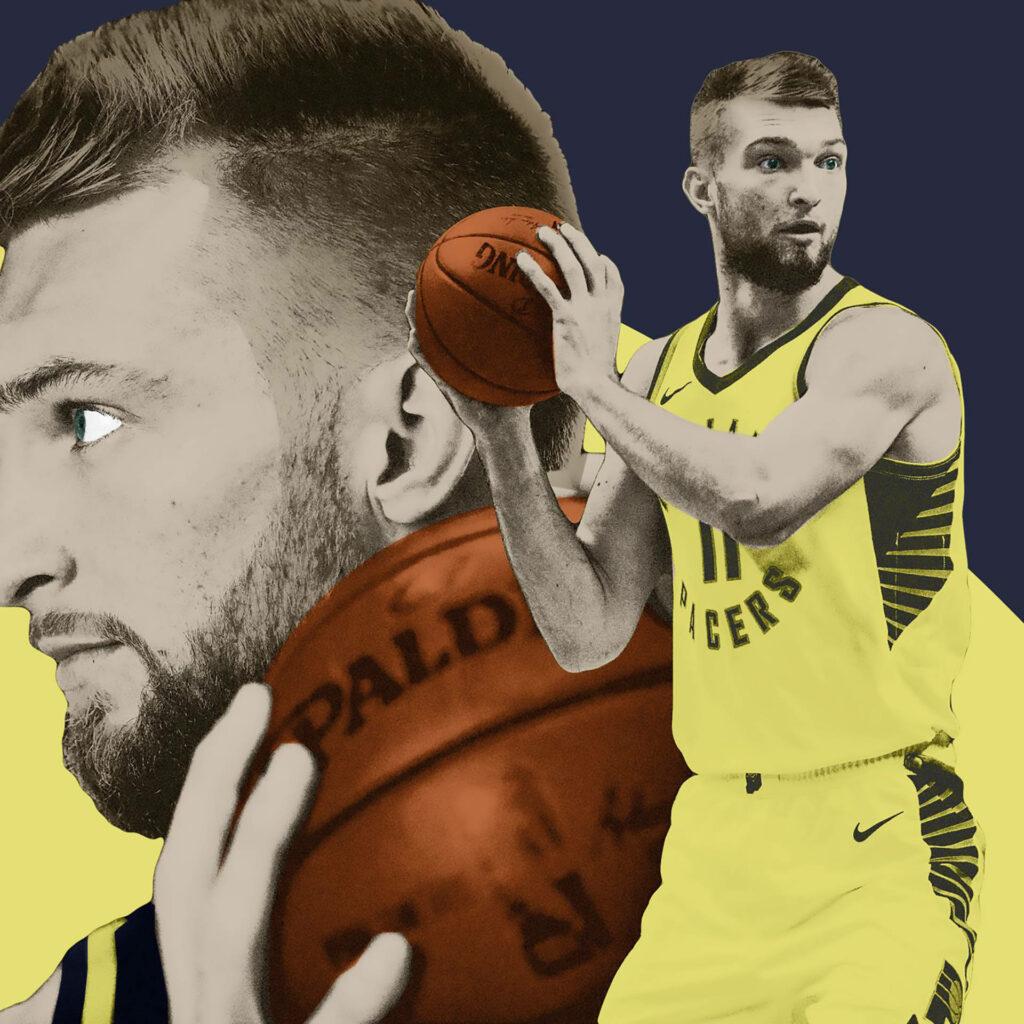 Domantas Sabonis collage art wallpaper with dynamic portraits in navy and yellow tones