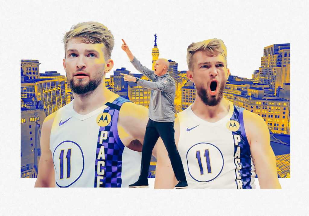 Domantas Sabonis Indiana Pacers intense basketball moments vibrant blue gold cityscape wallpaper