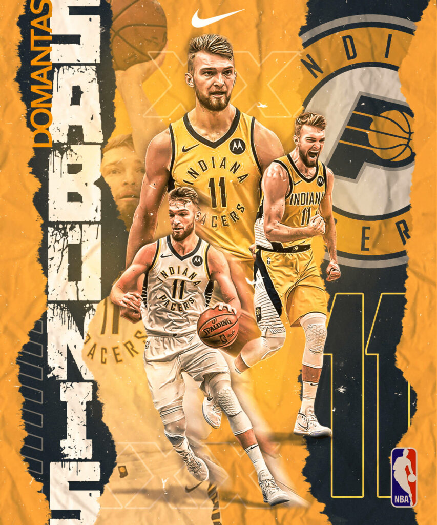 Domantas Sabonis Indiana Pacers basketball collage wallpaper vibrant orange yellow background