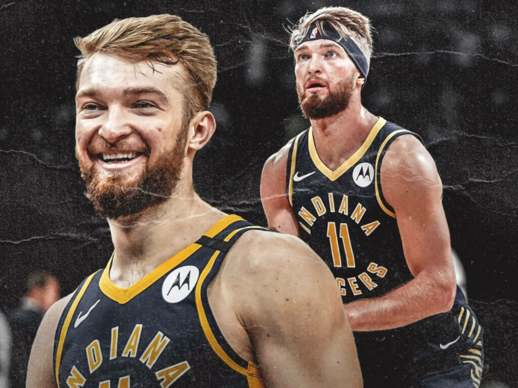 Domantas Sabonis Indiana Pacers wallpaper showing action shots with textured dark background