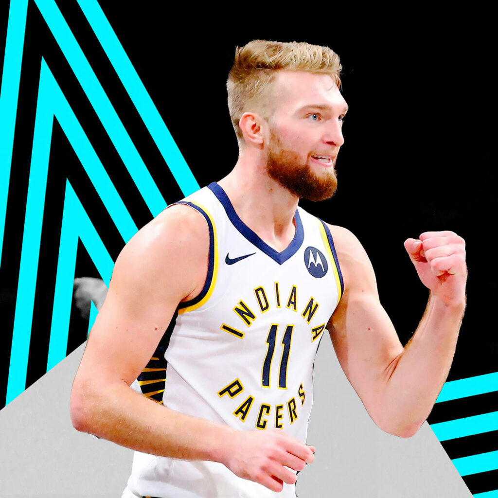 Domantas Sabonis in Indiana Pacers jersey with vibrant blue geometric background wallpaper