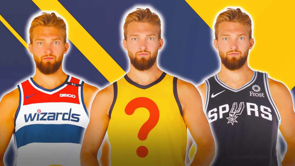 Domantas Sabonis in Wizards Spurs and mystery yellow jersey with dynamic navy gold wallpaper
