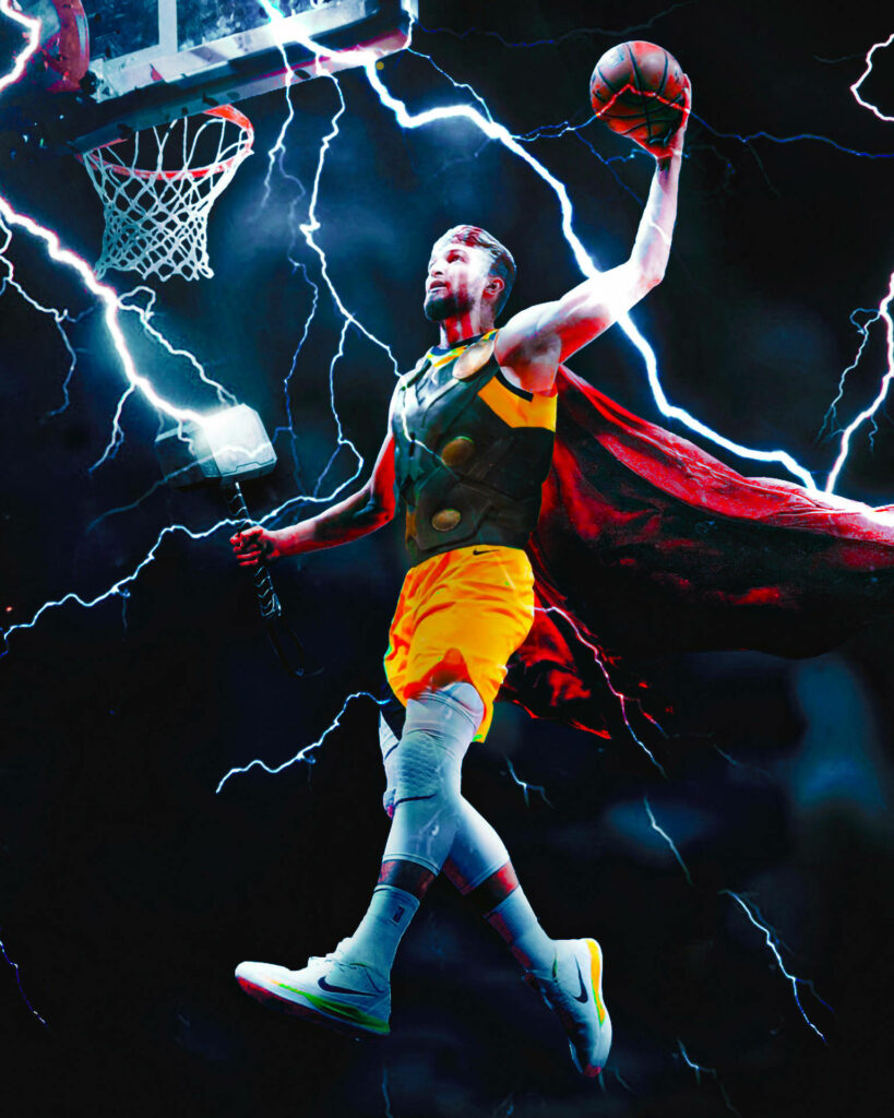 Domantas Sabonis mid-air basketball dunk in yellow gear red cape lightning effects wallpaper background