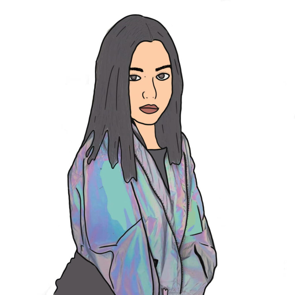 Digital fanart of Domelipa minimalist cartoon with sleek black hair iridescent jacket on white background Wallpaper