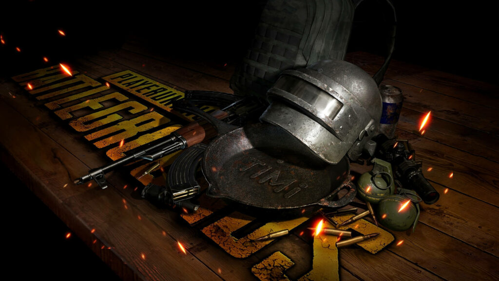 PUBG 3D wallpaper with Level 3 helmet AKM rifle frying pan grenades backpack floating embers logo