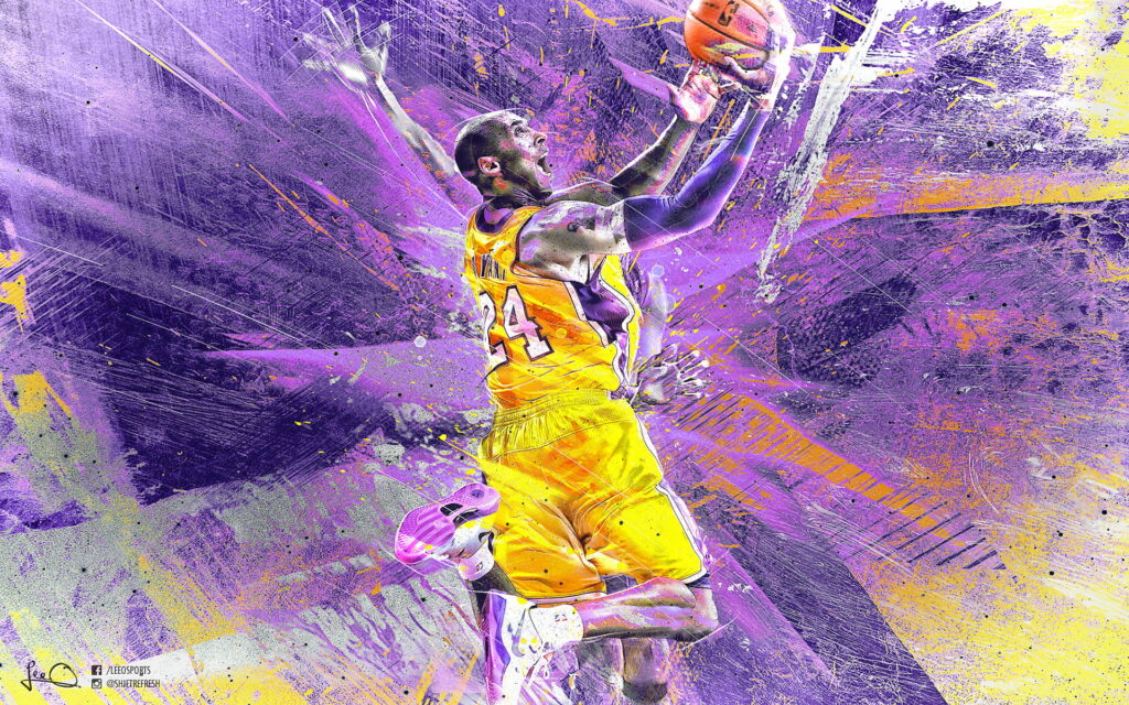 Legends Unleashed: Kobe Bryant Soars High in Lakers Territory Wallpaper