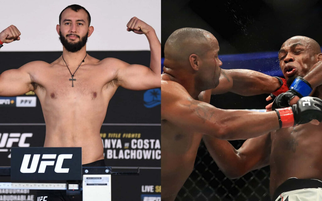 Dominick Reyes flexes at weigh-in left UFC fight Daniel Cormier vs Jon Jones intense moment Wallpaper