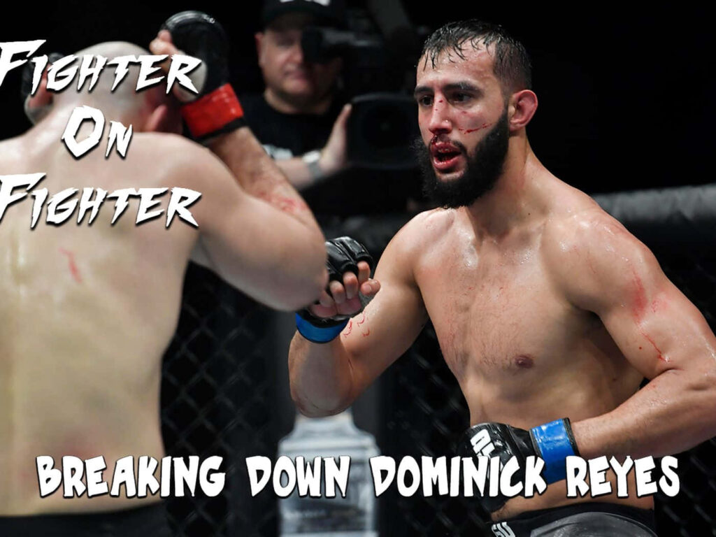 Dominick Reyes focused and battle-worn inside octagon with sweat blood under bright arena lights Wallpaper