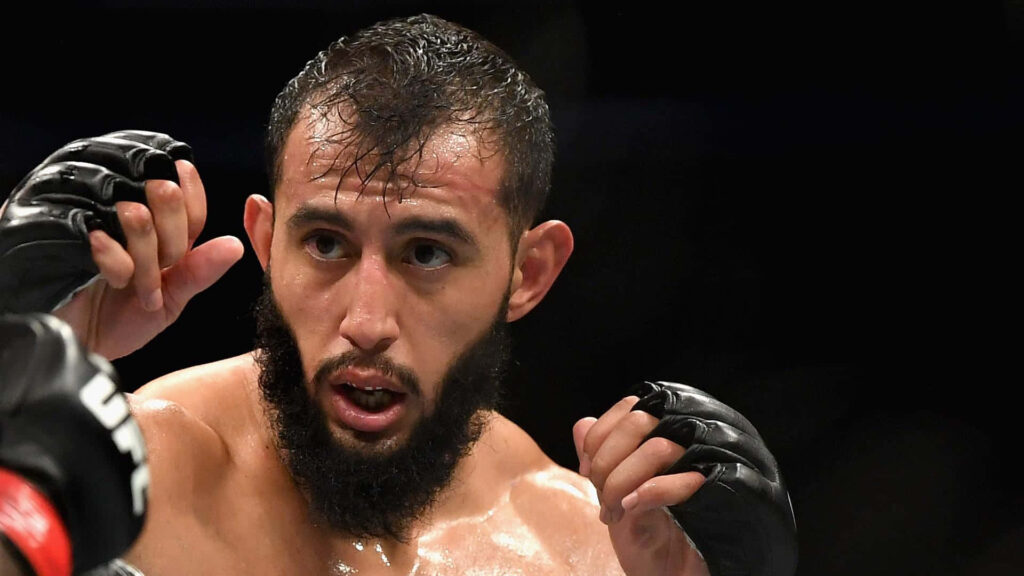 Dominick Reyes intense MMA fighter focused in octagon with dramatic lighting high resolution wallpaper