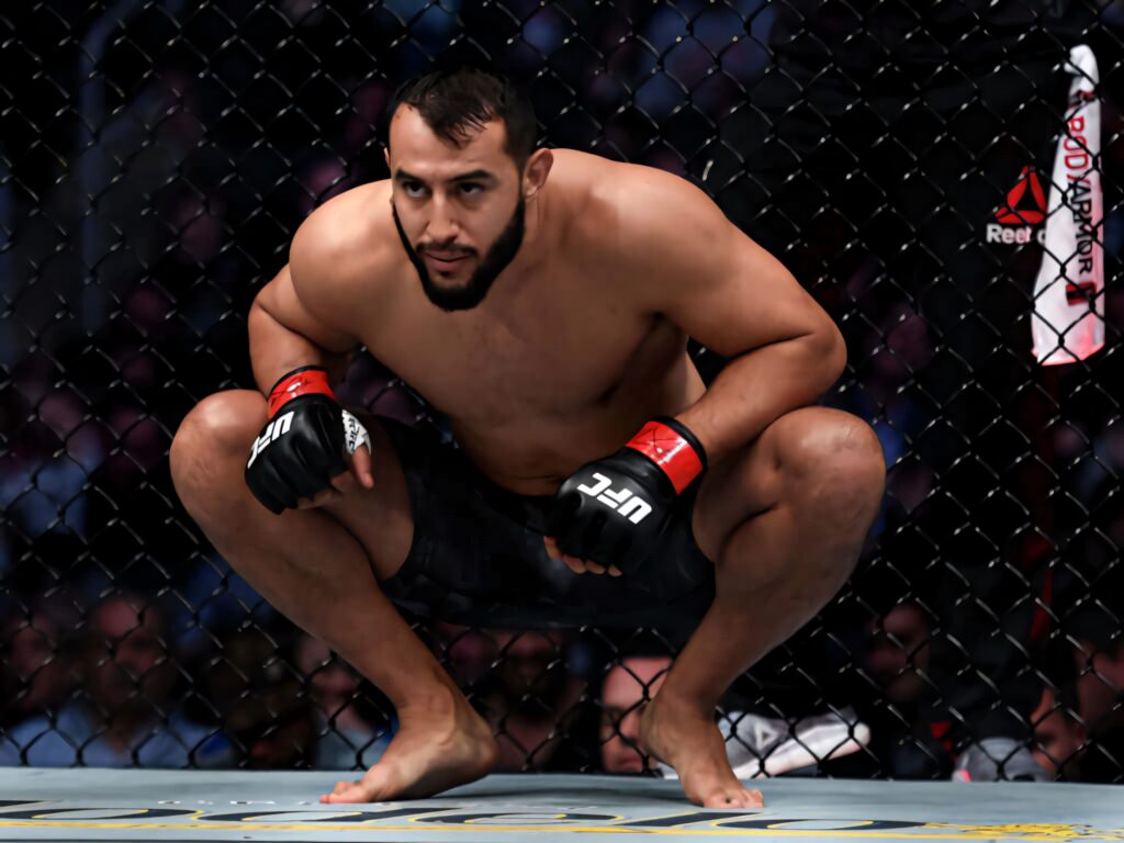 Dominick Reyes MMA fighter crouching in octagon focused ready for UFC fight intense high contrast Wallpaper