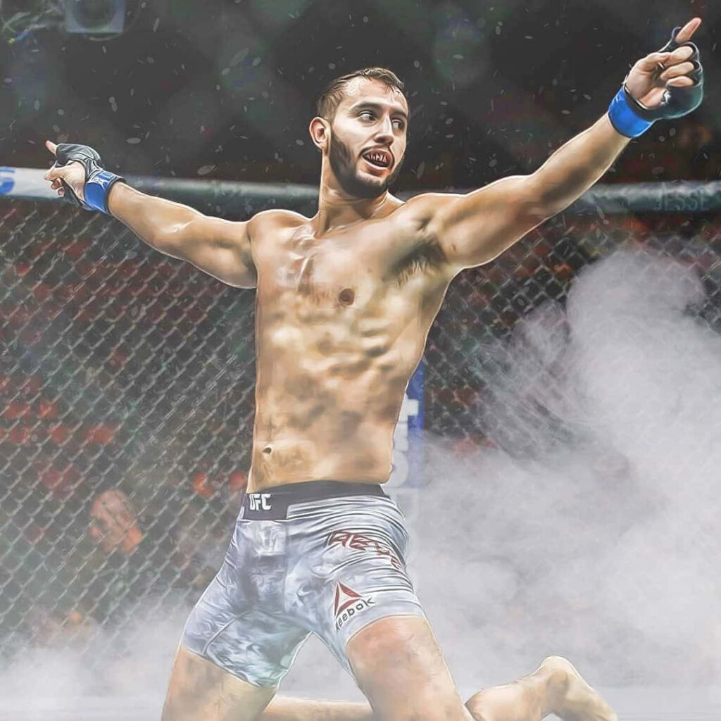 Dominick Reyes victorious in octagon with muscular pose dramatic lighting and swirling mist wallpaper