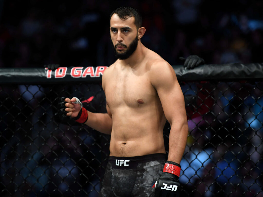 Dominick Reyes focused in UFC octagon displaying athletic physique before intense MMA fight Wallpaper
