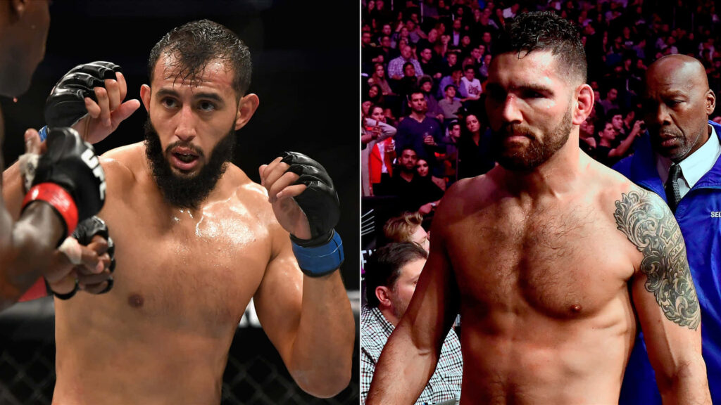 UFC fighters Dominick Reyes and Chris Weidman shirtless intense MMA showdown wallpaper background