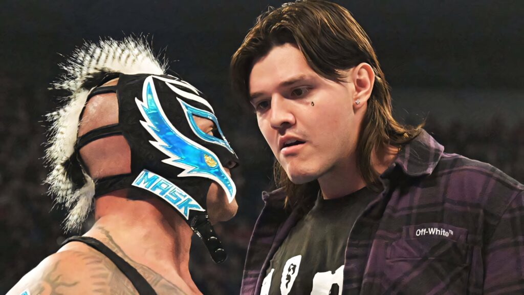 Dominik and Rey Mysterio intense wrestling faceoff vibrant arena lighting dramatic rivalry wallpaper