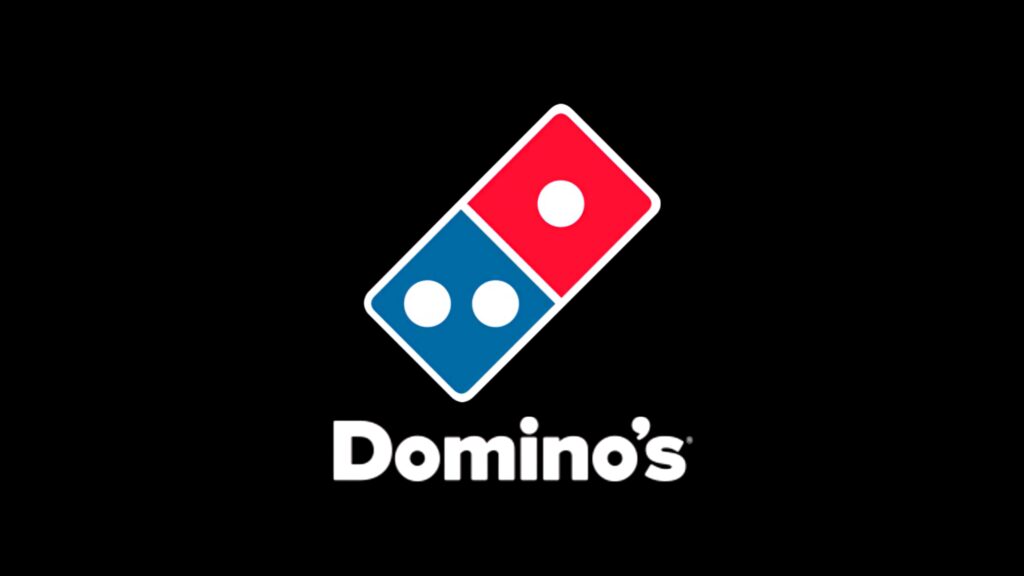 Dominos Pizza logo on sleek black background featuring red blue domino tile and bold text Wallpaper