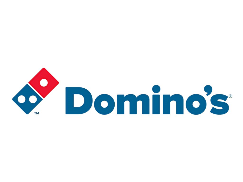 Dominos Pizza logo with bold blue red domino and modern lettering on clean white background wallpaper