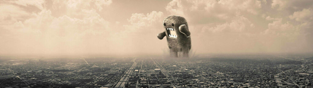 Domo Monster Fantasy Cityscape Edit - Urban Creature Invasion Scene Wallpaper
