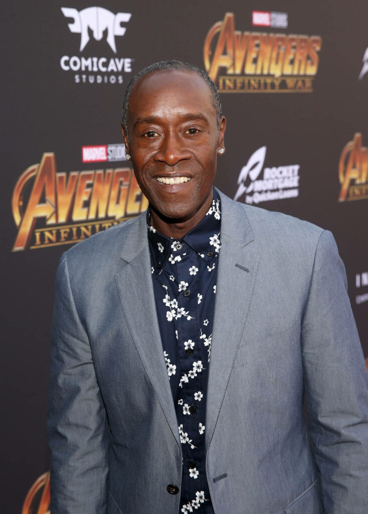 Don Cheadle wearing gray suit and patterned shirt at Marvel Avengers Infinity War red carpet event Wallpaper