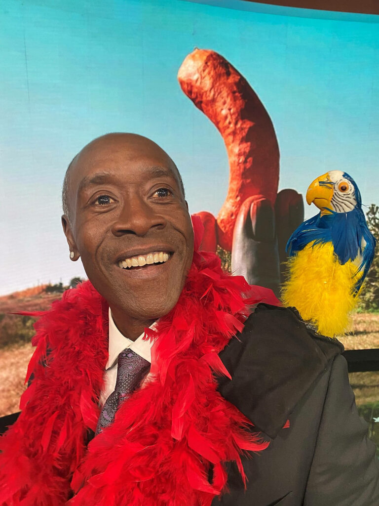 Don Cheadle smiling with red feather boa and blue yellow parrot on shoulder outdoors wallpaper