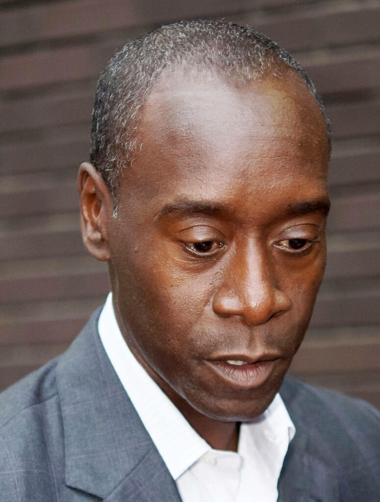 Don Cheadle close-up portrait thoughtful gaze soft natural light neutral suit wallpaper background