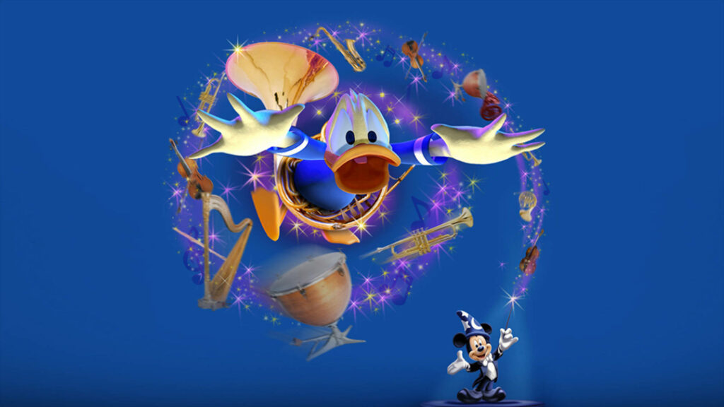 Donald Duck bursts in vibrant 3D style with magical instruments as Mickey Mouse casts spell on blue background Wallpaper