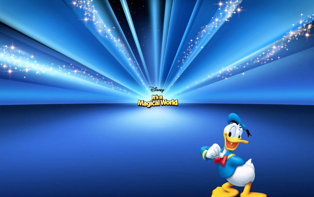 Donald Duck cheerful pose blue background sparkling light rays Disney It’s a Magical World wallpaper