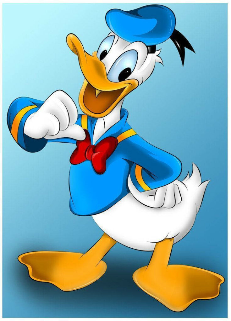 Donald Duck in classic blue sailor suit cheerful pose on soft blue wallpaper background